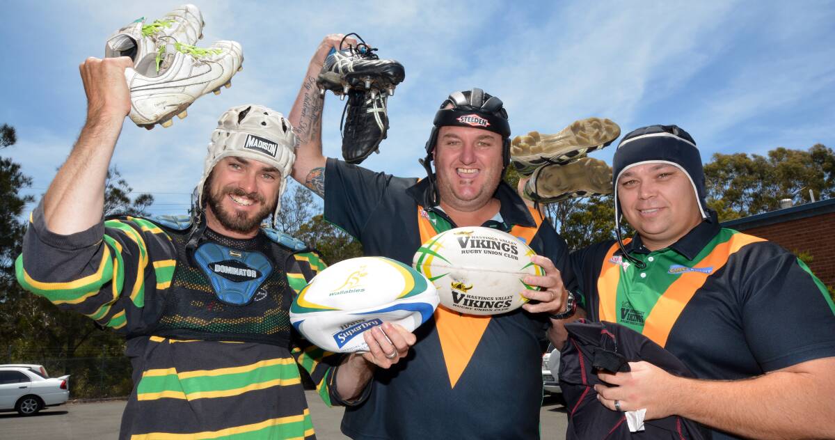 Helping out: David Barnes, Craig Smith and Brent Horan with some of the gear that has been donated and will make the trip to Fiji. 