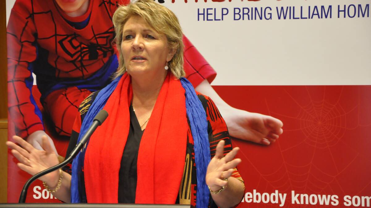 Bring him home: Hetty Johnston, pictured speaking at the launch of the Where's William? campaign on June 26 last year, wants people to come forward with information about the little boy on Australia Day.
