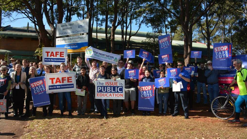 Voicing their opinion: Students and teachers rallied outside the North Coast TAFE Port Macquarie Campus last year as concerns about the future of the institution grow.