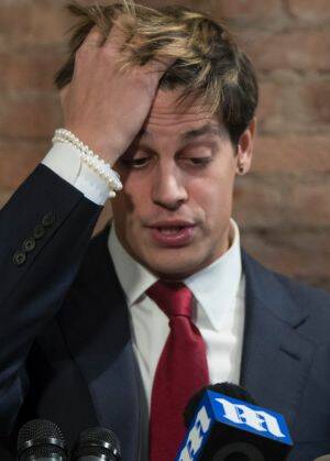 Milo Yiannopoulos speaking after losing his job at Breitbart earlier this year. Photo: AP