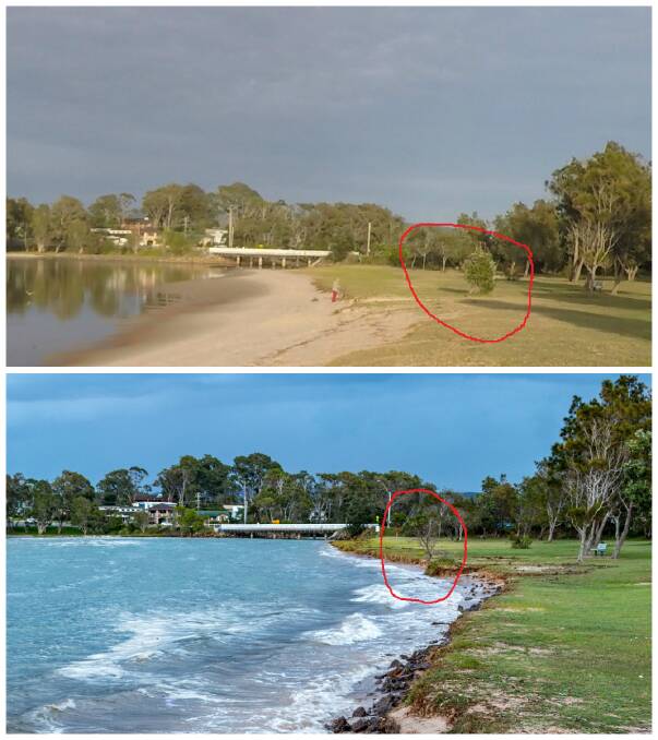 WHAT A DIFFERENCE: Over eight months a significant portion of Lake Cathie Reserve has been claimed by the lake.