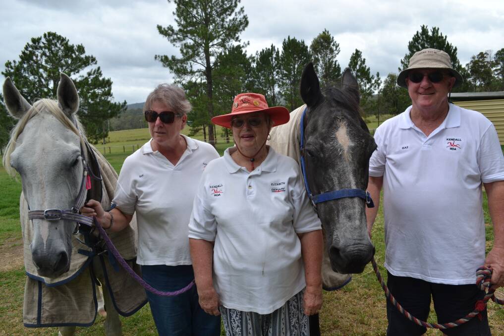 PREPARATIONS UNDERWAY: RDA coach Sue Tubbs, president Elizabeth Wallace and publicity officer Gary Blewitt with faithful steeds Dash and Lulu.
