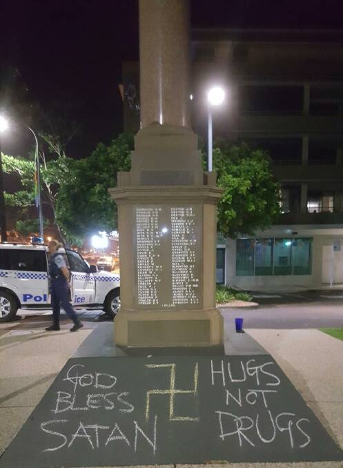 Defaced: The Port Macquarie war memorial was vandalised in the early hours of Thursday morning, March 30. 
