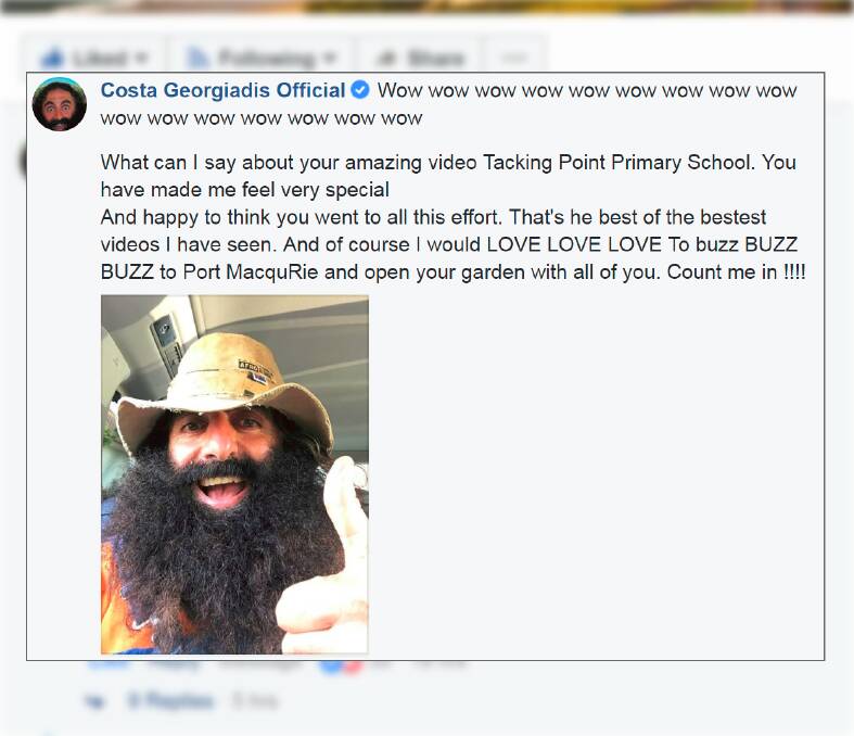 What a response: Costa was quick to reply to the video and confirming he would be in Port Macquarie to open the garden.