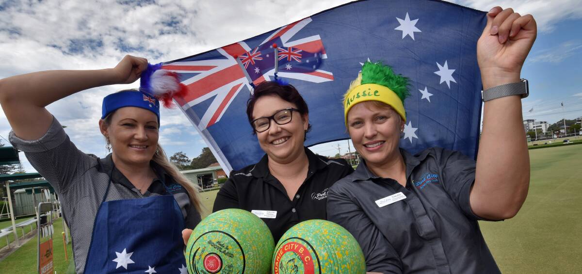 Hand in hand: Port City Bowling Club's Ellie Lyne, Katie Waldron and Claudia Buckby. The club's 'Bowl for Balls' and Australia Day celebrations fall hand in hand.