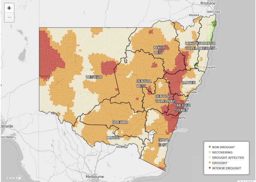 Current conditions: A map, updated on September 14, showing drought-affected NSW.