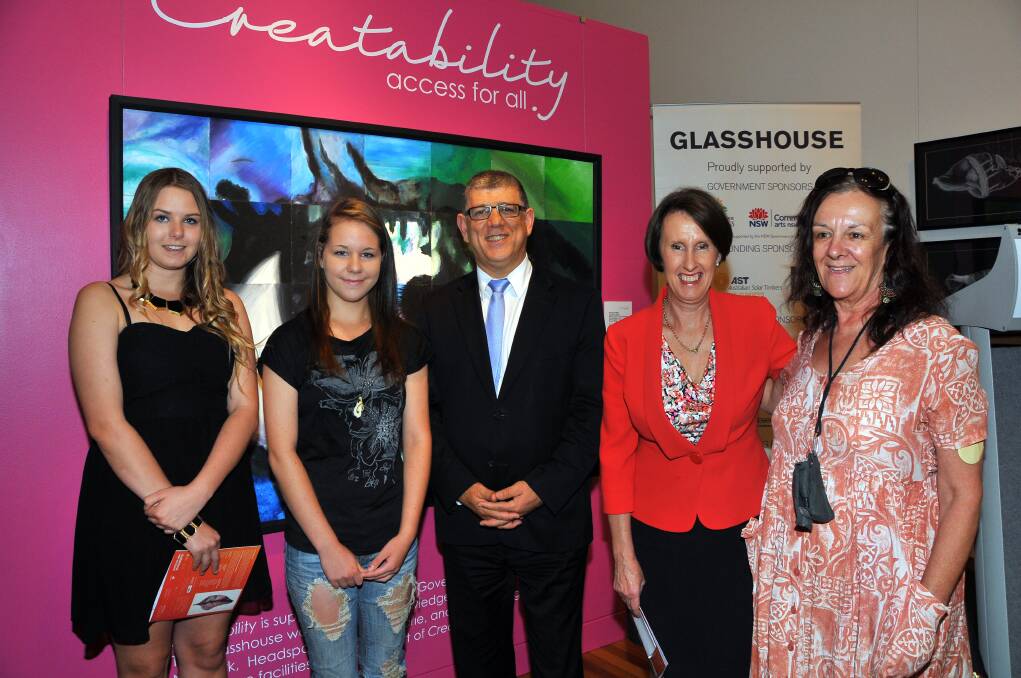 Minister s visit:?Minister for Ageing and Disabilities John Ajaka with Port Macquarie MP Leslie Williams and artists Kaylie Mepham, Jade Mapstone and Sian Morris.
