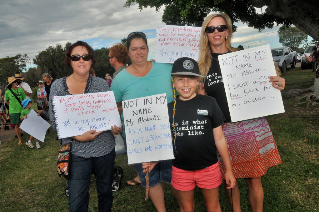March in March: Sandy Hart, Nicole De Vulder, Ella Shaw and Angela Walsh marching in Port Macquarie yesterday.