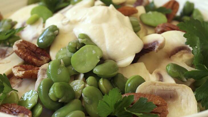 Green jewels ... broad beans and mushroom with yoghurt dressing and parsley.
