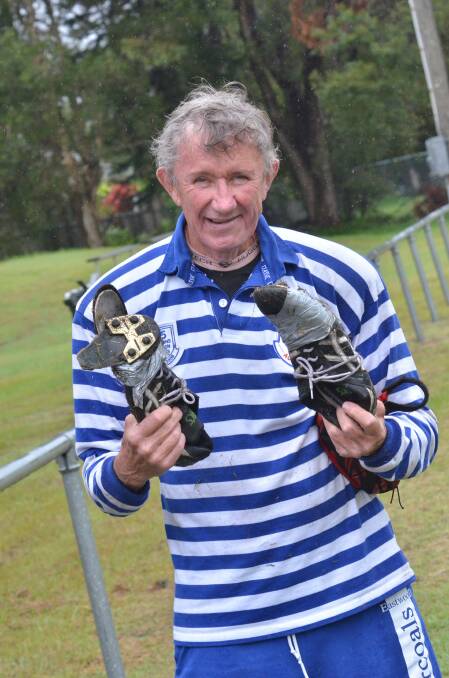 RIGHT  Tough as old boots:?74-year-old Ian Hay playing for the Eastwood Charcoals with his boots that have played 246 games up until 1983 and also played 62 games for Balmain Tigers in the NSW Rugby League.