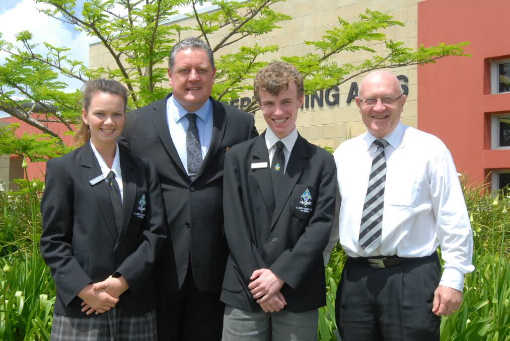 New beginnings: Newly elected school captain for 2013, Ashleigh Hales with principal to be Jim Dempsey, fellow captain Andrew Newbound and coordinating principal Jim O'Brien.
