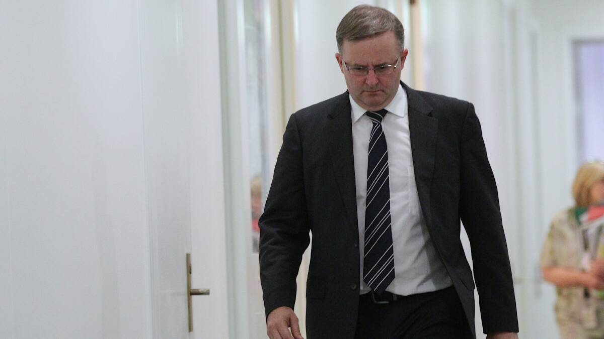 Leader of the House Anthony Albanese walks towards caucus for the leadership ballot, at Parliament House in Canberra on Thursday 21 March. Photo: ALEX ELLINGHAUSEN