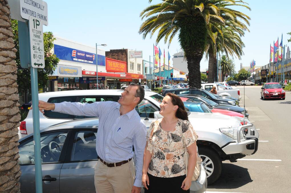 Parking changes: Mayor Peter Besseling and Port Macquarie Chamber of Commerce executive officer Lisa McPherson support the two-hour parking trial in sections of the CBD.          Pic: PETER GLEESON