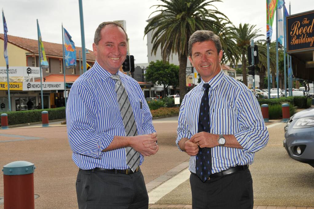 Team approach: Barnaby Joyce and David Gillespie join forces on the campaign trail in Port Macquarie.