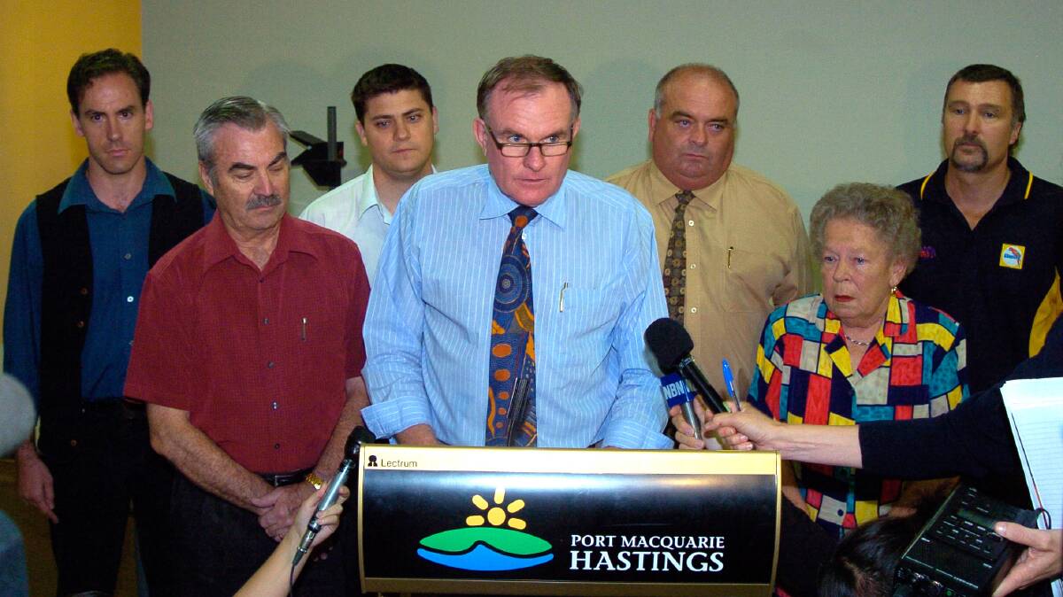 Sacked in 2008: former Port Macquarie mayor Rob Drew with former councillors Cameron price, Bob Sharpham, Rob Nardella, David Mayne, Daphne Johnston and Adam Prussing.