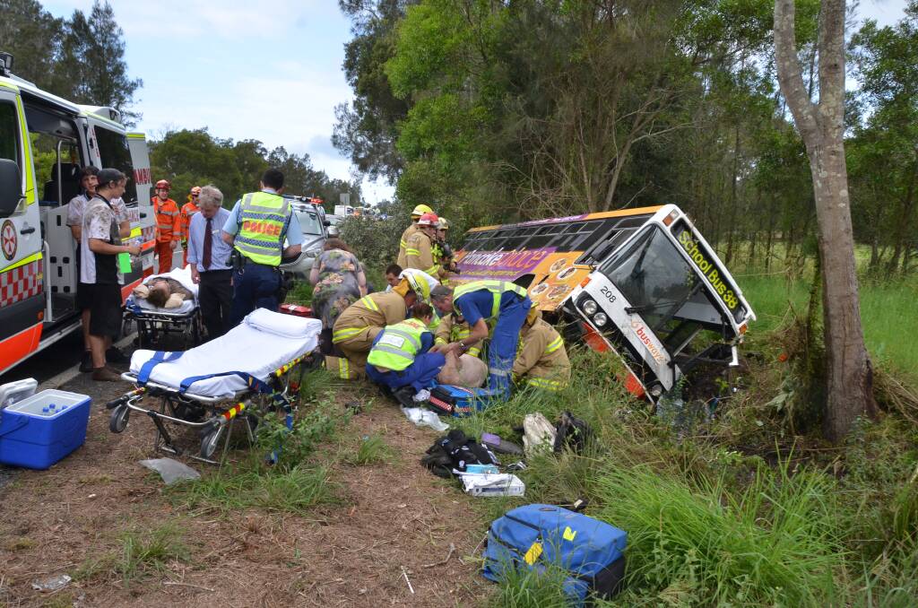 The scene of Tuesday afternoon's school bus crash in Port Macquarie. Images - Nigel McNeil.