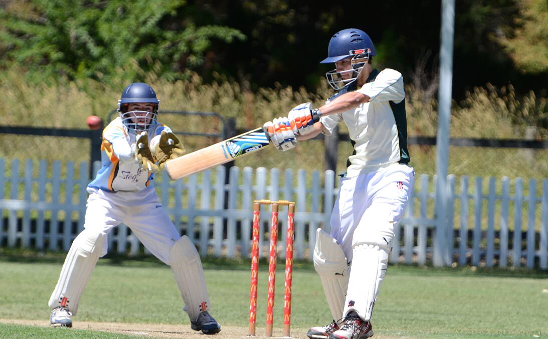 Hastings’ Liam Coelho smacks this back foot cut for another boundary in his brilliant 165 against Tamworth.