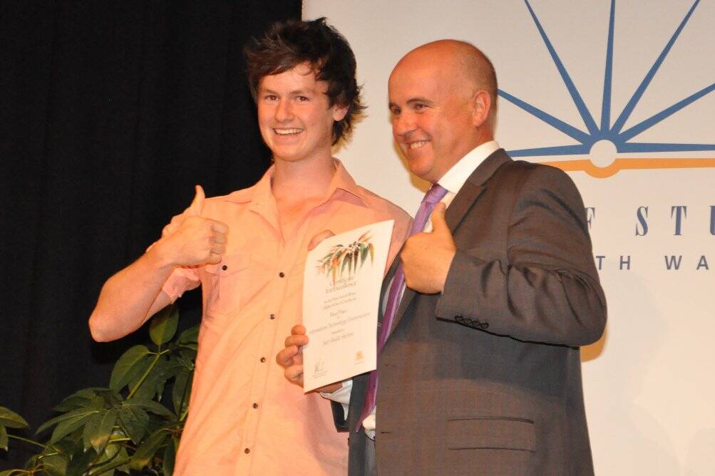 The Minister for Education, Adrian Piccoli found Jack Shield Skelton’s excitement infectious joining him in a thumbs up to his success at coming first in the state in HSC Information Technology exam.