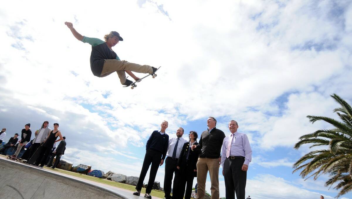 Skater Quaid Munson with Port Macquarie Hastings Council's Mike Olzomer, Jeff Sharp and Christine Bannister, Lyne MP Robert Oakeshott and Council's Tony Hayward.