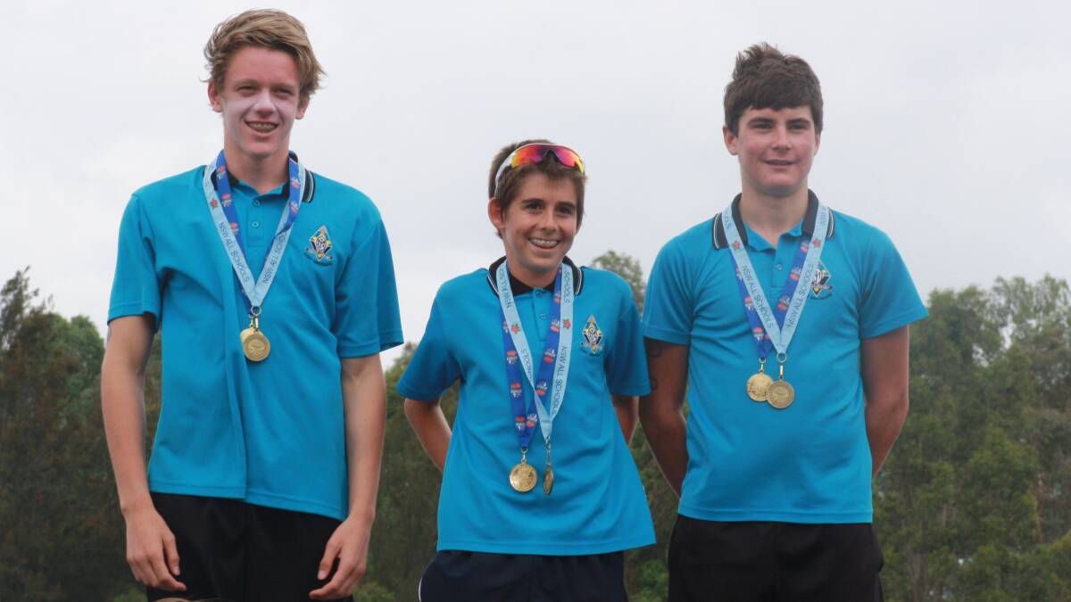 First place: From left, Seamus Dempsey, Sam Lewis and Liam Magennis smashed a state triathlon record to win a title on the weekend.