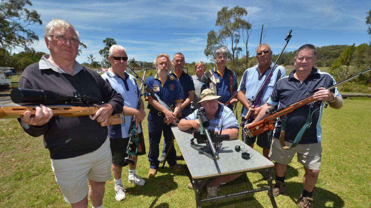 Closed: From left, Frank Happingstone, Bob Barnett, Mal McKenzie, Neil Drain, Clayton Simpson, Mike Chad, John Hart, Ray Nash and, sitting, Bruce Corven can't believe their rifle range has been closed.