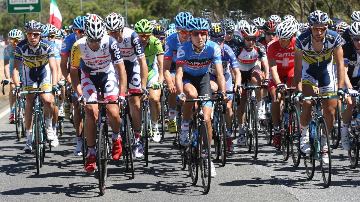 Port connection: Lachlan Morton (centre) in action during the Santos Tour Down Under this week.