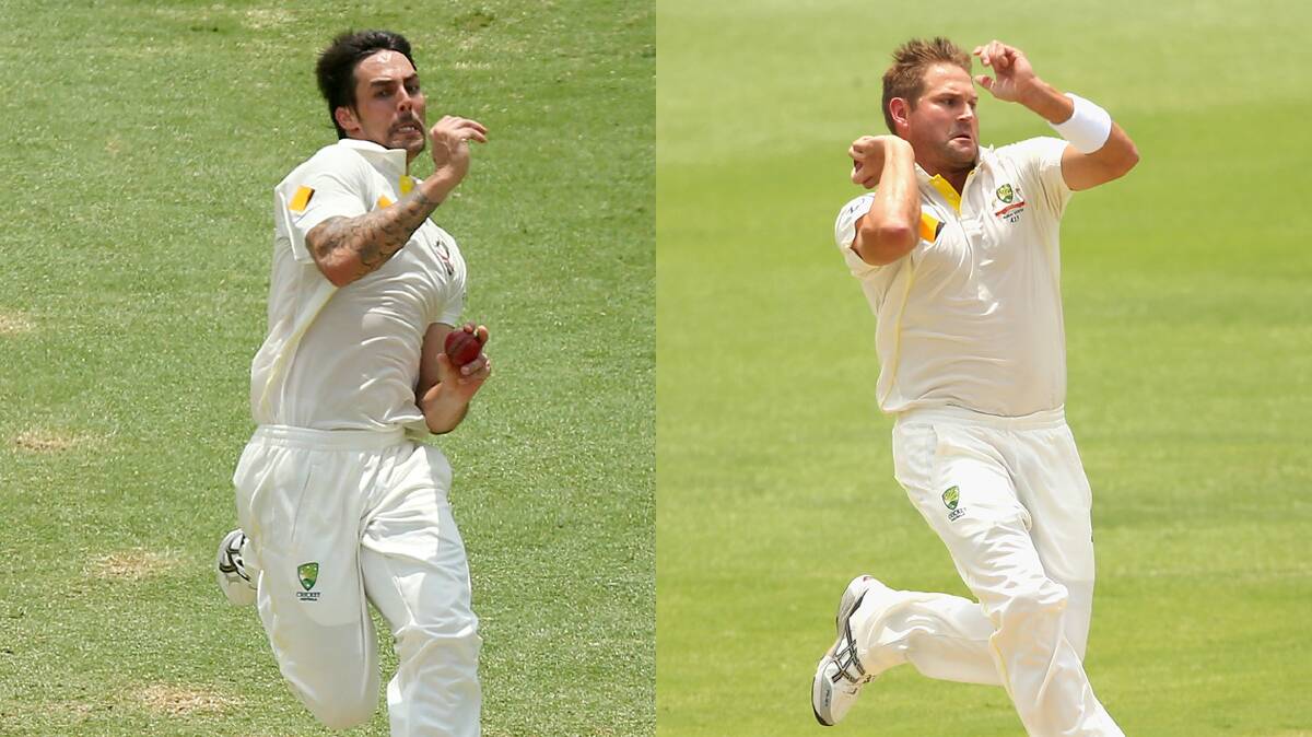 Too good: Ryan Harris (right) bowled England captain Alastair Cook with a better delivery than Mitchell Johnson's, so the fans said in our poll.