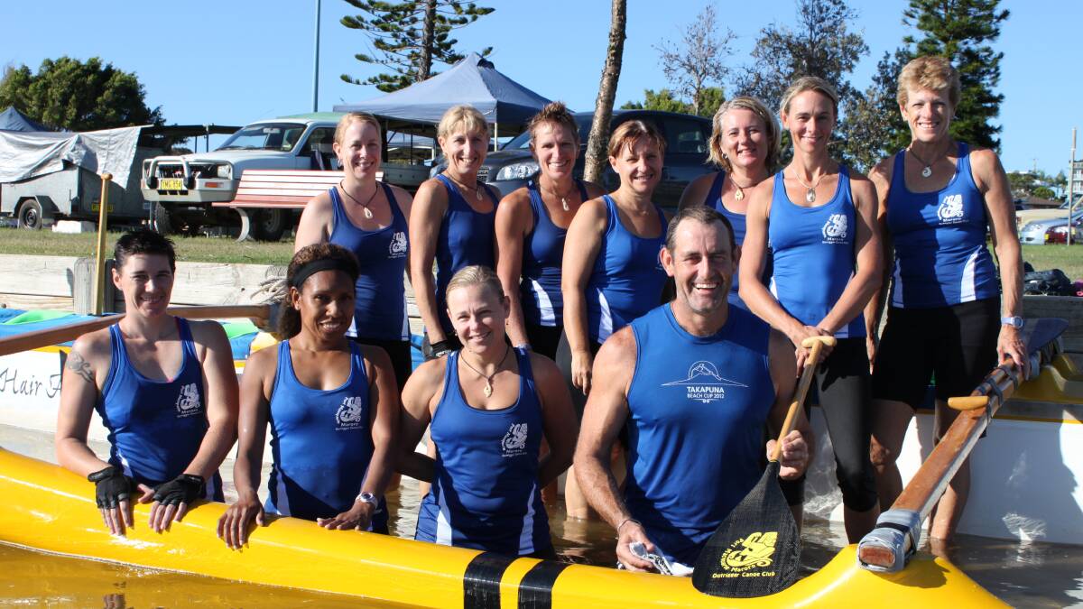 Rowing for glory: Port Macquarie Maroro Outrigger Canoe Club paddlers Cathy Cavanagh (back left),  Kerry Owens, Lyn Lovering, Sue Blackmore, Kim Roberts, Fiona Baker, Karen Newman, Cheryl Pavey (front left), Chayanne Harihi, Karan Bland and coach Wes Byrnes take a break from training while preparing for the Takapuna Cup.