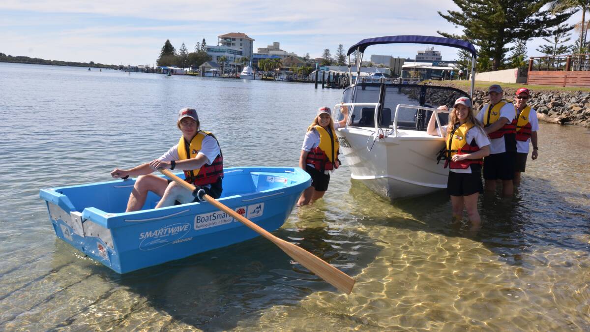 On the water: Students from Newman Senior Technical College Mitch Middelton, Alleena Sloan-Harris, Clare Hales and Jacob Jones with marine studies teacher Warren Bridge and the two new boats provided through the Water Safety Black Spots Fund. Pic: Nigel McNeil