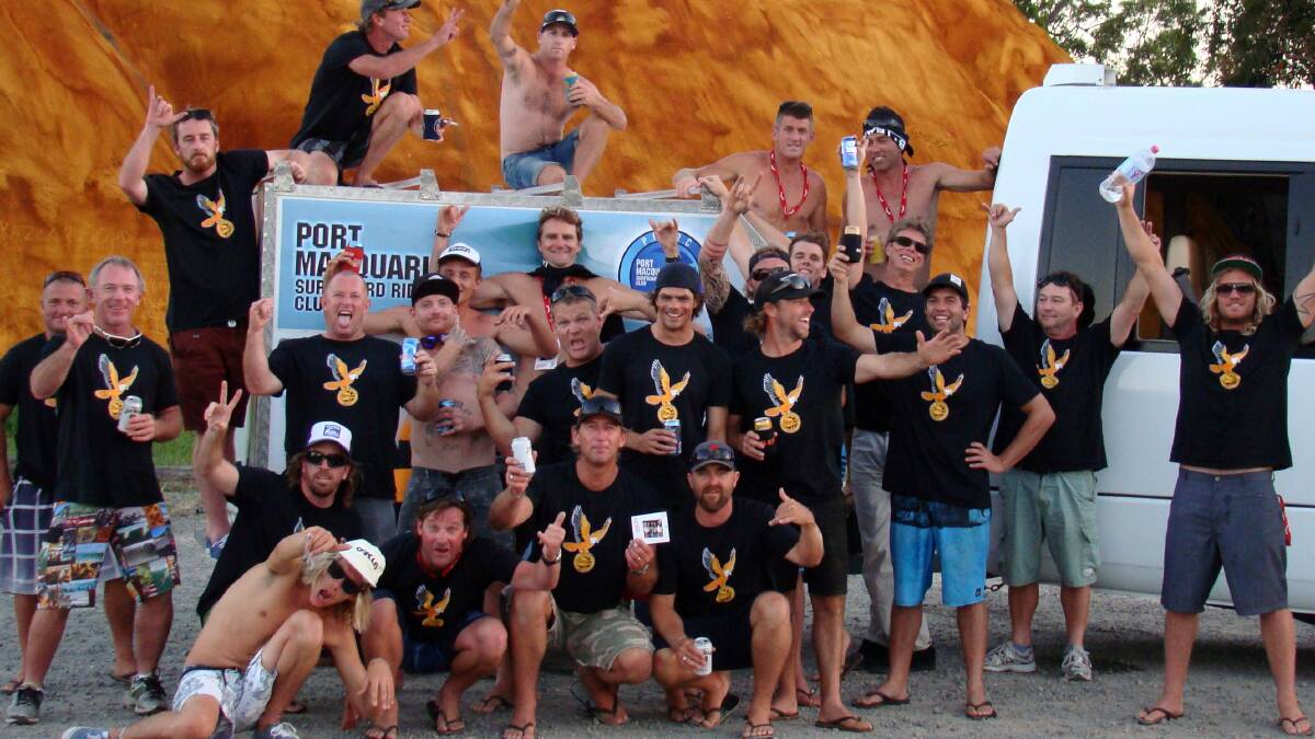 Party on: Port Macquarie Surfboard riders teams one and two plus their suppot crew celebrate making it to the national Jim Beam Surftag series in April.