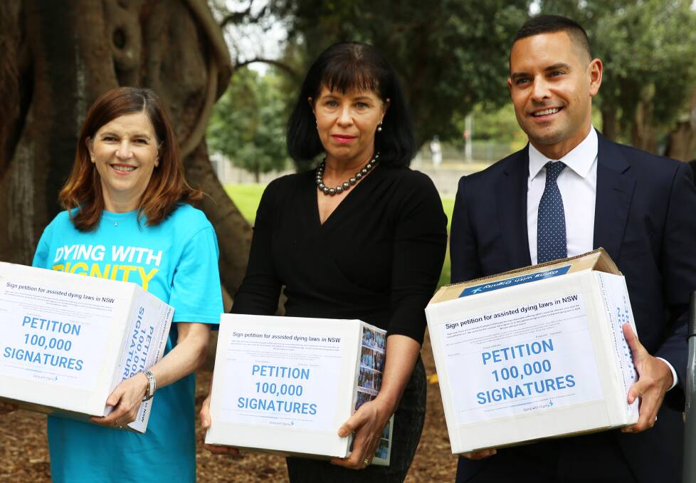 Dying with Dignity handing over of 100 thousand signatures, from left to right, Shayne Higson, Penny Hackett and MP Alex Greenwich. Photo supplied.