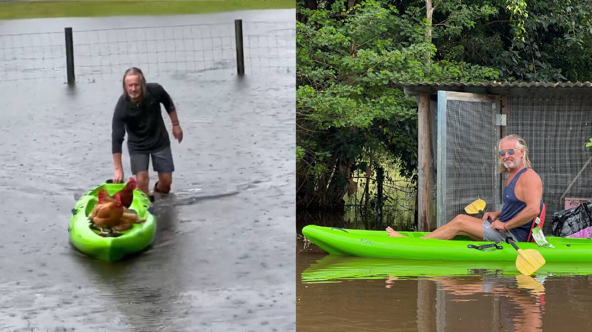 Calvin Clark (left and right) used his kayak to save his chickens from their flooded coop after rain water turned their backyard into a moat in Tewantin, Queensland on Saturday, February 26. Photos: Laura Clarke.