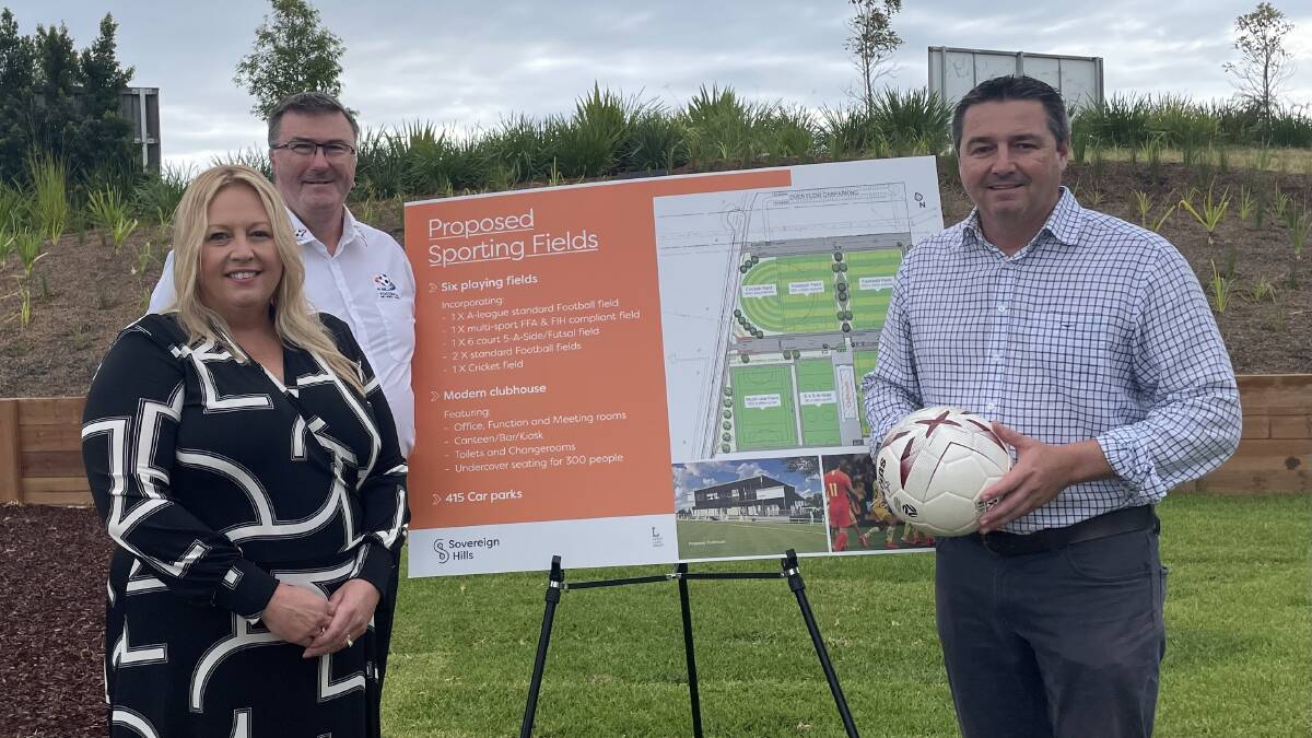 Port Macquarie-Hastings Council mayor Peta Pinson, Football Mid North Coast chairman Lance Fletcher and Federal Member for Cowper Pat Conaghan at today's announcement of a $5m boost for new sporting facility. 
