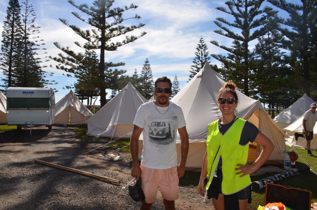 Wauchope local Josh Backhouse and Glamp Nation director Jennah Porter setting up the tents for FOTSUN. Photo: Mardi Borg