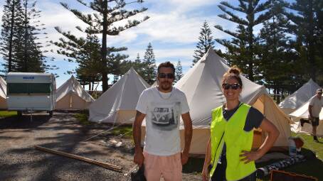 Wauchope local Josh Backhouse and Glamp Nation director Jennah Porter setting up the tents for FOTSUN. Photo: Mardi Borg