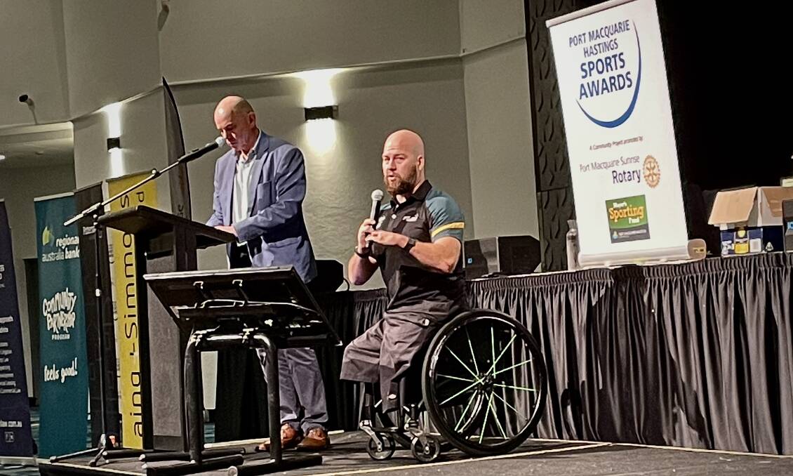 Newly crowned 2022 World Champion Ryley Batt speaks at the 2022 Port Macquarie Hastings Sports Awards. Picture by Mardi Borg