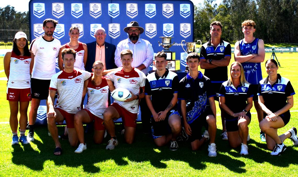 England Touch representatives and Port Macquarie Mako representatives with NSW Touch General Manager Dean Russell (back row, third from left) and Port Macquarie Hastings Councillor Adam Roberts. Picture by Mardi Borg