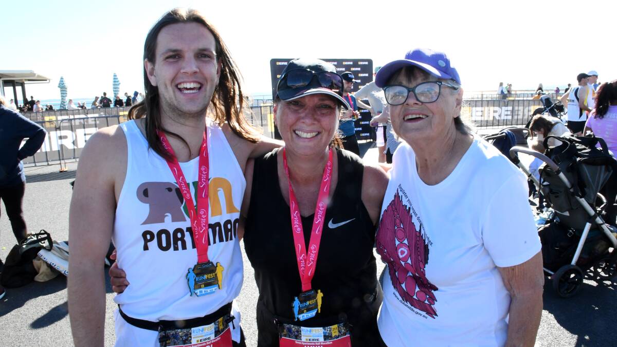 Kobi and Lynn Lelean with Lynn's mother, Heather, at the Forster-Tuncurry RunFest. Picture by Scott Calvin