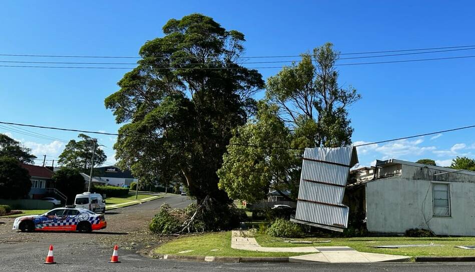 A large metal sheet landed on powerlines in Table Street. Picture supplied by Essential Energy