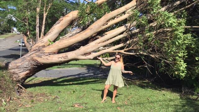 Vanessa Mendez and the tree ripped out of the ground in front of her house. Picture by Lisa Tisdell