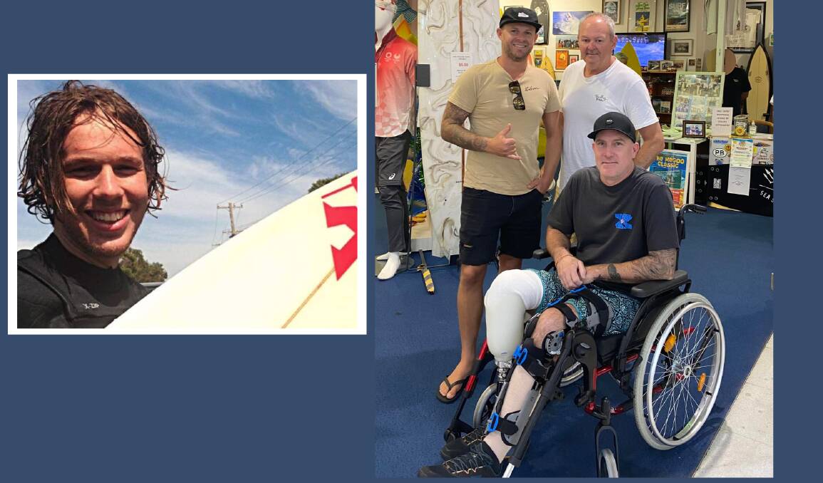 Shark attack survivor Toby Begg (right) visited the Port Macquarie Surfing Museum ahead of the record paddle out attempt in memory of Zac Young. Pictures supplied