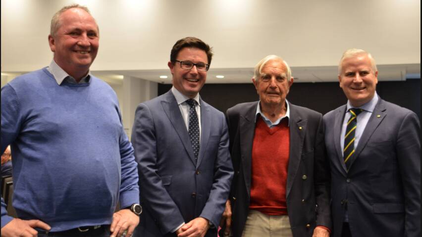 Federal Nationals leader David Littleproud (second from left) was at the state Nationals conference when the party confirmed its bid to re-take the seat of Port Macquarie. He was joined by his predecessors Barnaby Joyce, Ian Sinclair (93) and Michael McCormack. Photo: Ruby Pascoe