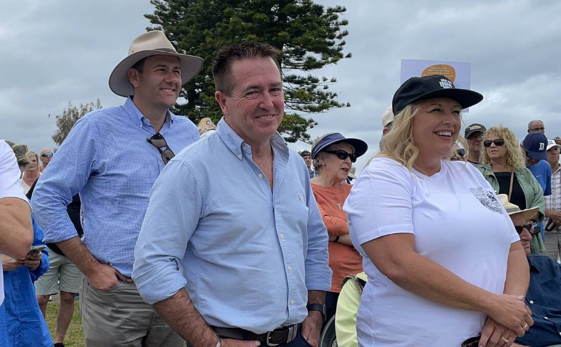 (Left to right) Roads and Transport Minister Sam Farraway, Deputy Premier and National Party leader Paul Toole and National Party candidate for Port Macquarie Peta Pinson, at the Save Our Breakwall rally. Picture by Sue Stephenson