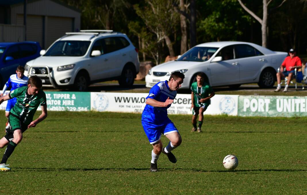 Macleay Valley Rangers Chris Walker prepares to score the winning goal. Picture by Emily Walker