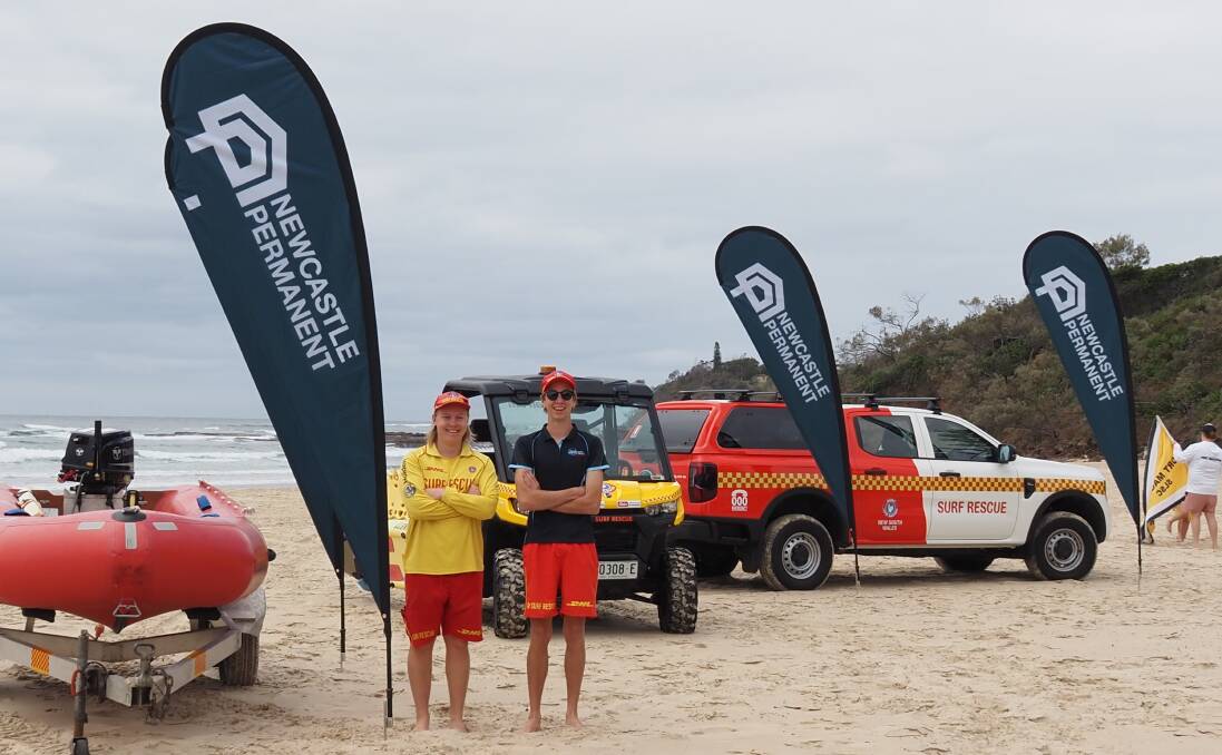 Flynn Charge and Toby Hall at Mid North Coast Surf Life Saving flag raising ceremony for the 2023/24 season. Picture supplied
