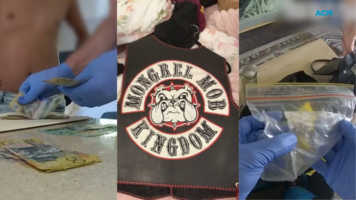 Money, drugs and Mongrel Mob outlaw motorcycle gang vest found in a Cairns home. Picture via QLD Police