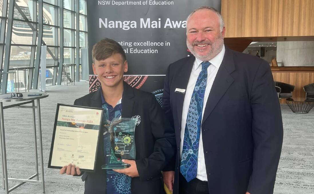 Peytyn Donovan with Wauchope Public School principal Cameron Osborne at the Nanga Mai Awards held at Darling Harbour on Monday, November 27. Picture by WPS