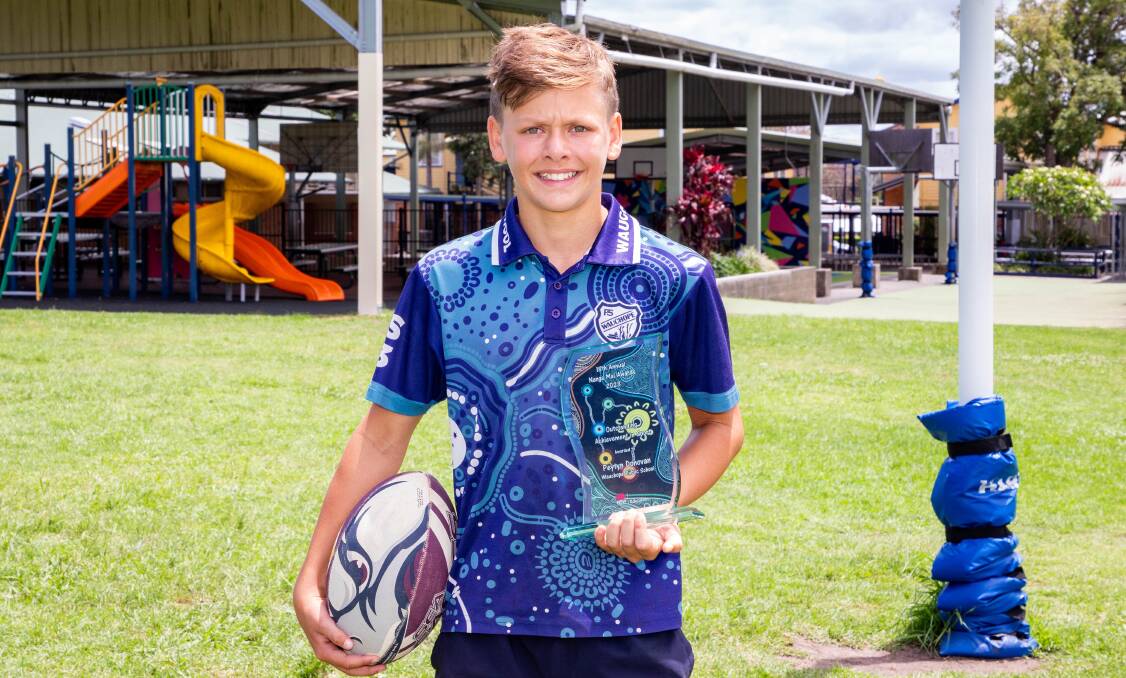 Multi-talented sportsperson and Wauchope Public School student Peytyn Donovan with his Nanga Mai award. Picture by WPS 