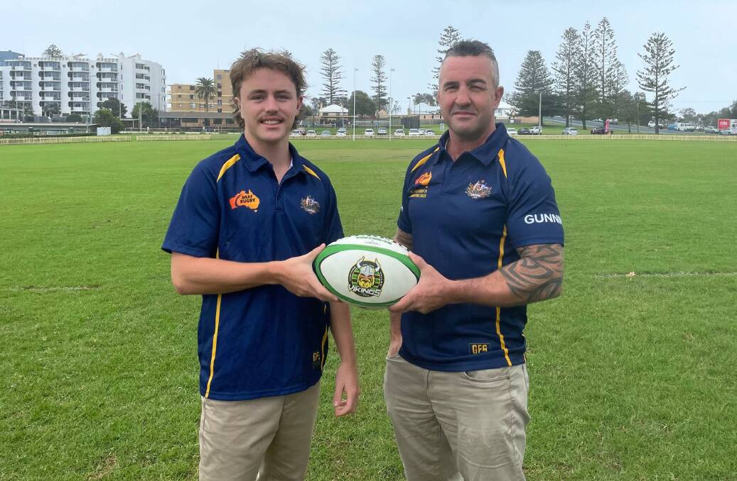 Noah Thick and Australian Deaf Rugby Union Mens team coach Dave Kearsey. Picture by Abi Kirkland