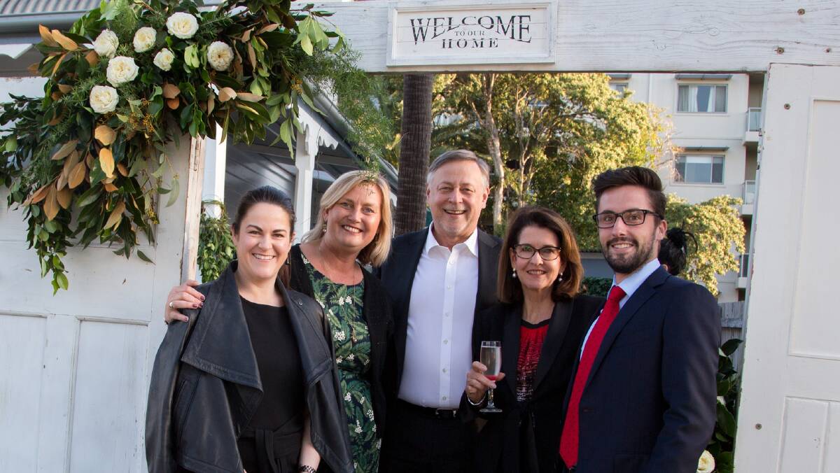 Welcome home: left-right: Kristy Salmon, Sue Jogever, Peter Hanscomb (Belle Property CEO), Fiona Biondi and Andrew Robinson. Photo: Melissa Hogan. 
